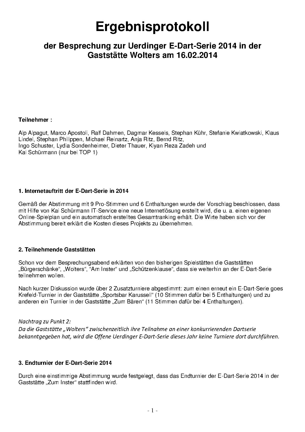 Protokoll Besprechungsabend E-Dart-Serie 2014 Offene Uerdinger E-Dart -Serie